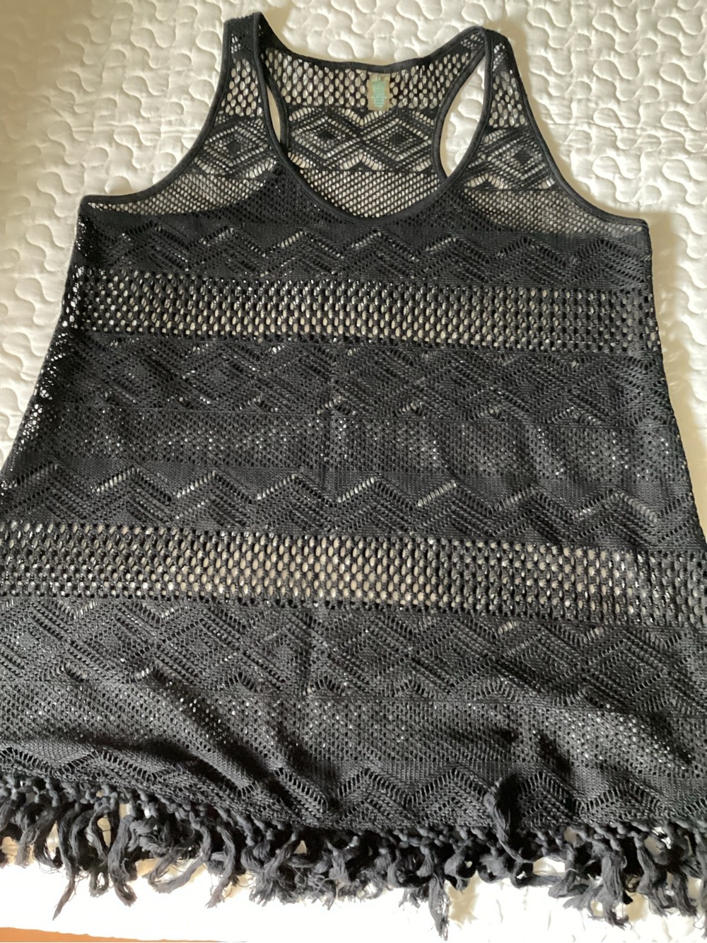 Source Unknown Black Crochet Swim Coverup Tank with Fringe